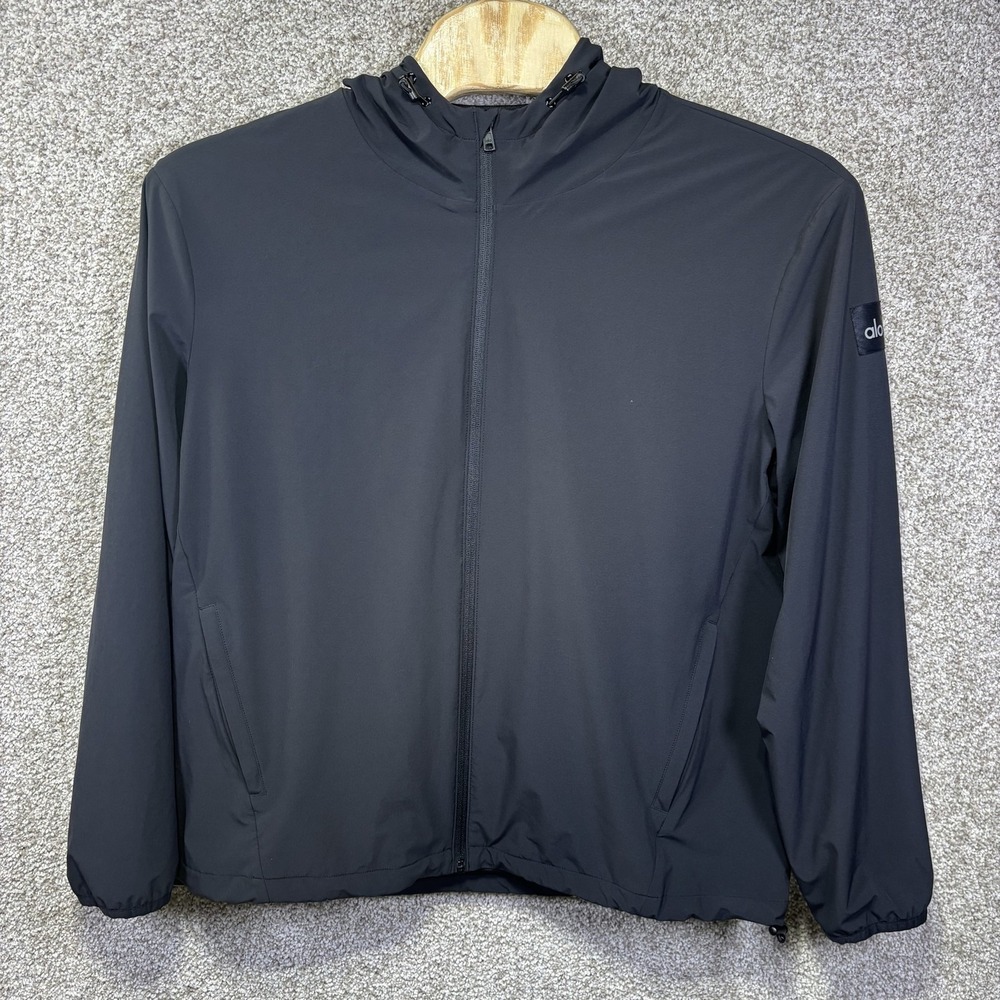 Alo Windbreaker Jacket Mens Large Black Hooded Full Zip Lightweight Athletic